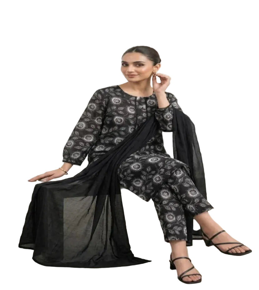 3 Pcs Women's Stitched Lawn Digital Print Suit Black Special