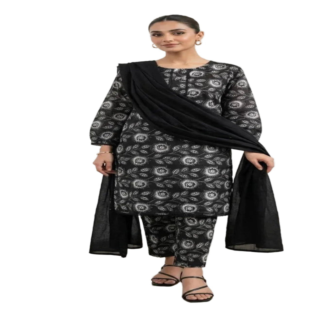 3 Pcs Women's Stitched Lawn Digital Print Suit Black Special