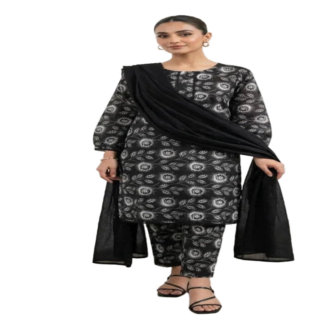 3 Pcs Women's Stitched Lawn Digital Print Suit Black Special