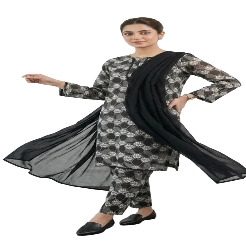 3 Pcs Women's Stitched Lawn Digital Print Suit Black Special