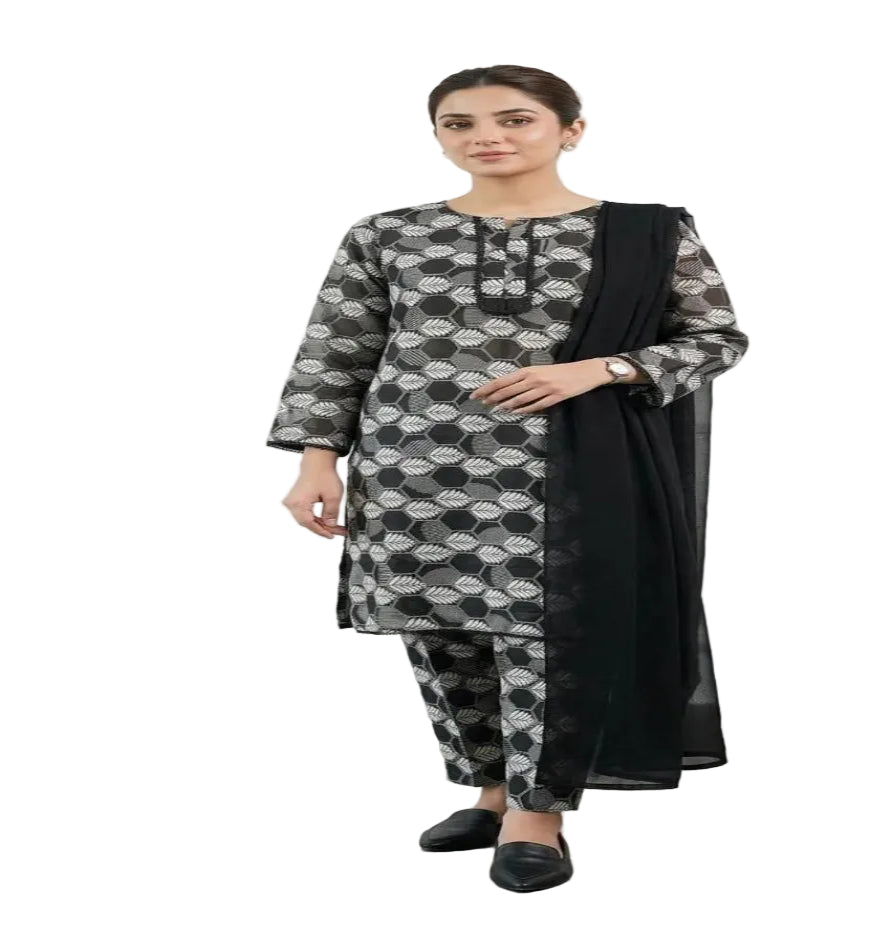 3 Pcs Women's Stitched Lawn Digital Print Suit Black Special