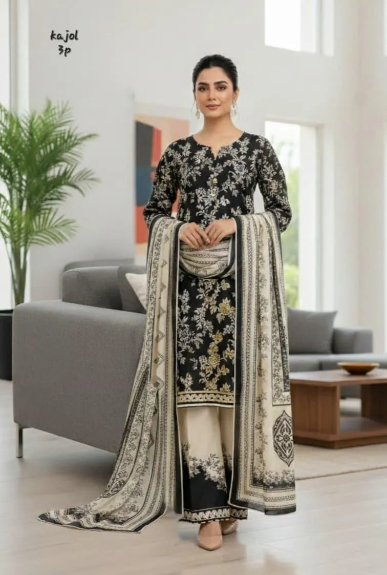 3 Pcs Women's Stitched Arabic Lawn Printed Suit (Kajal)