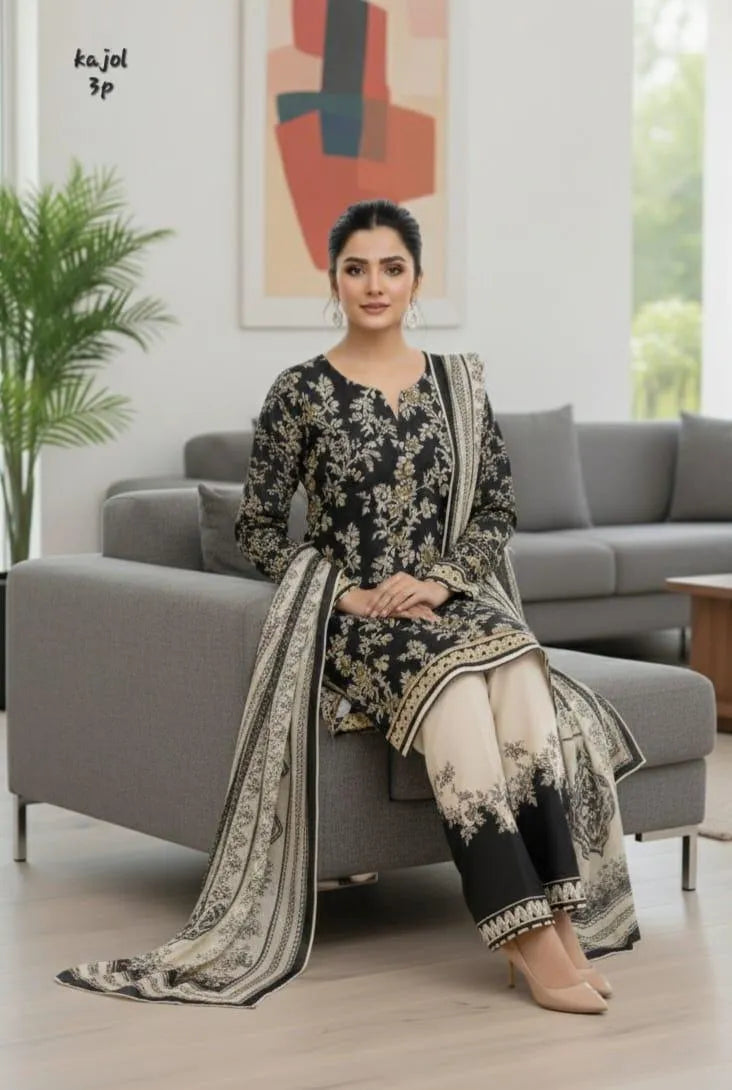 3 Pcs Women's Stitched Arabic Lawn Printed Suit (Kajal)