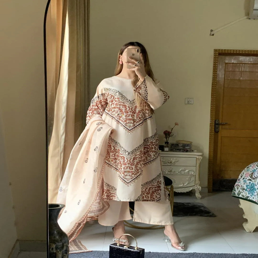3 Pcs Women's Stitched Arabic Lawn Printed Suit