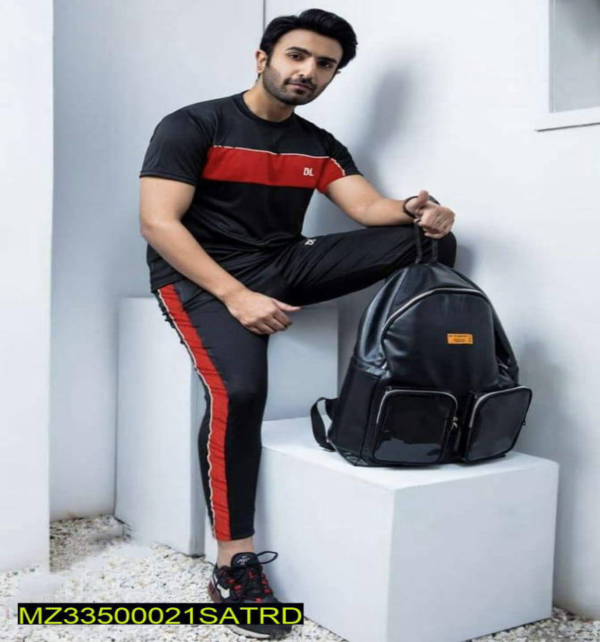 Men Slim Fit Printed Track Suit Black Red