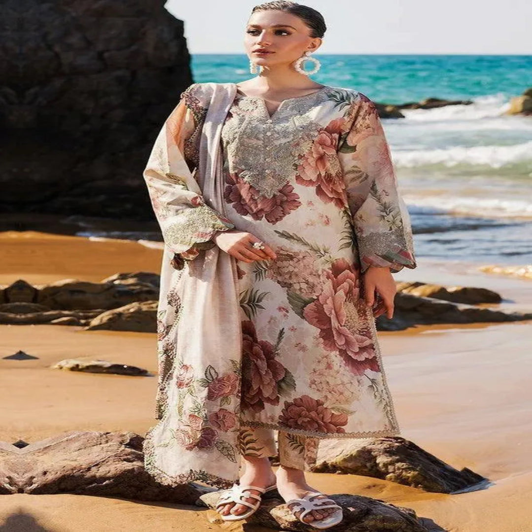 LAWN 3P Embroidered Floral Gown Set for Women