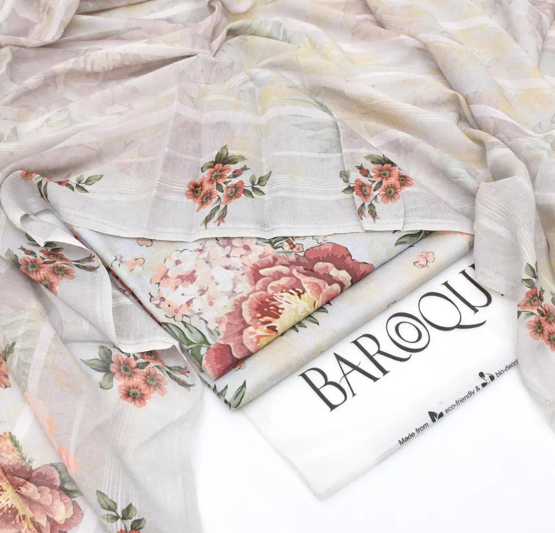 LAWN 3P Embroidered Floral Gown Set for Women