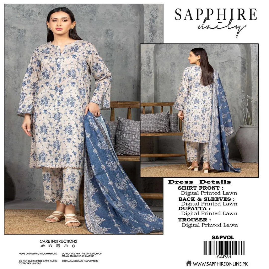 3 Pcs Women Printed Lawn Suit Off White