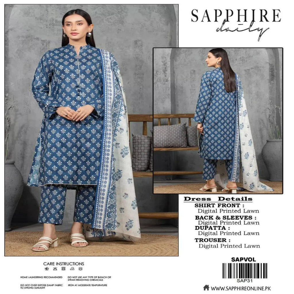 3 Pcs Women Printed Lawn Suit Grey