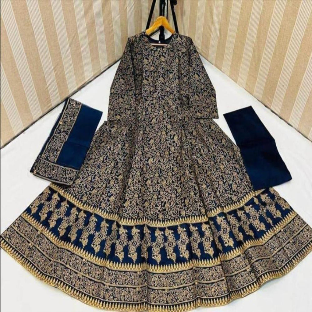 Navy Blue Katan Silk Women's 3 Pcs Eid Suit Medium