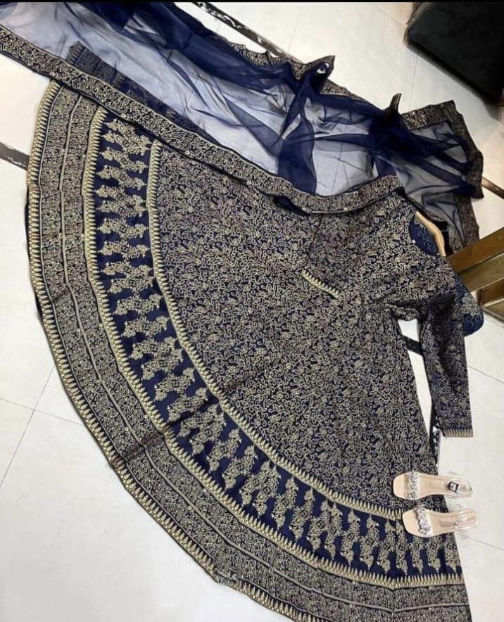 Navy Blue Katan Silk Women's 3 Pcs Eid Suit Medium