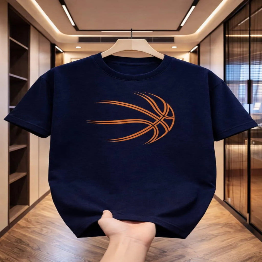 Men's Navy Blue Cotton Printed Basketball Graphic T-Shirt Round Neck